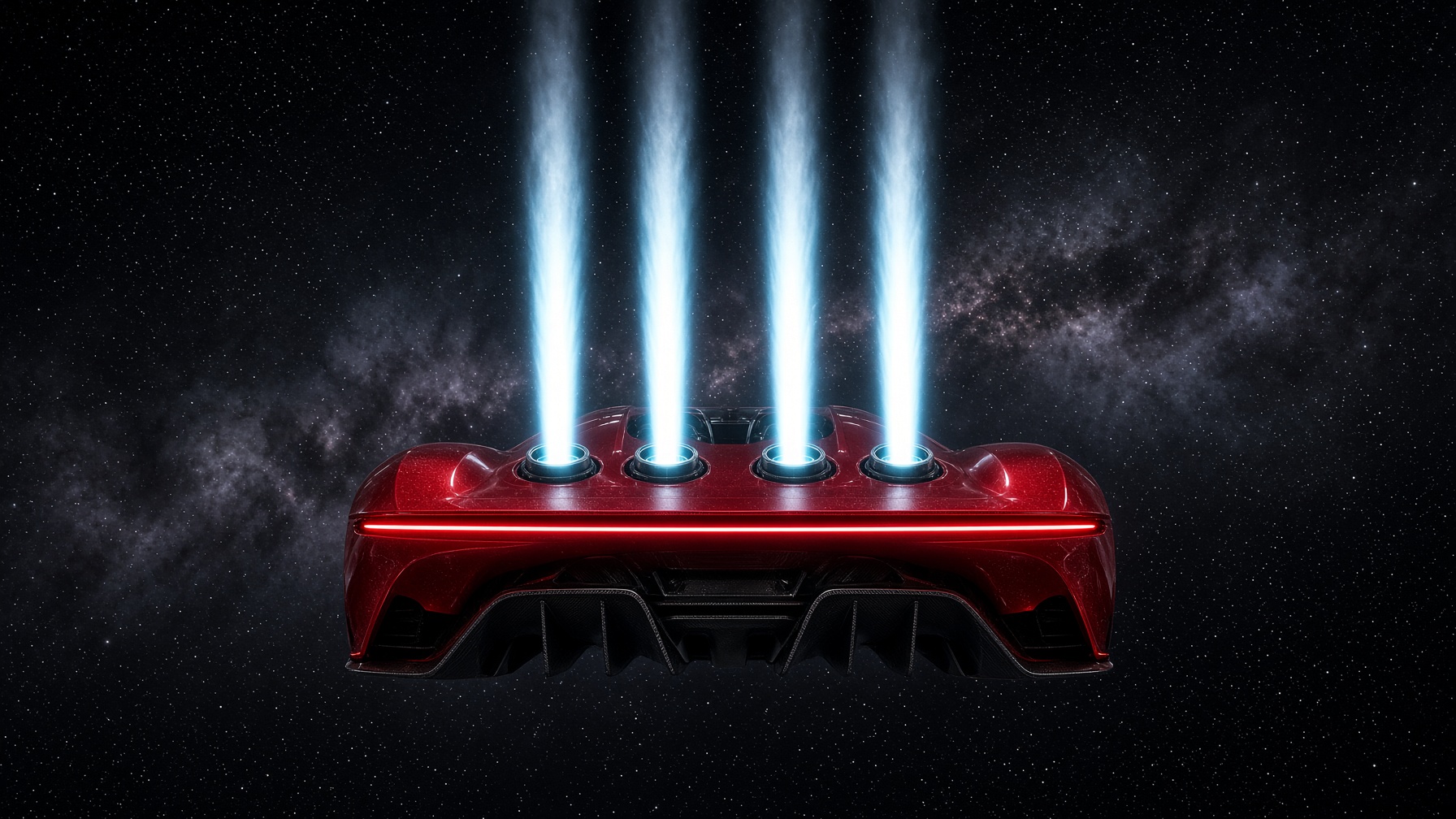 Rear of a red electric hypercar with four vertical thruster columns in a starfield