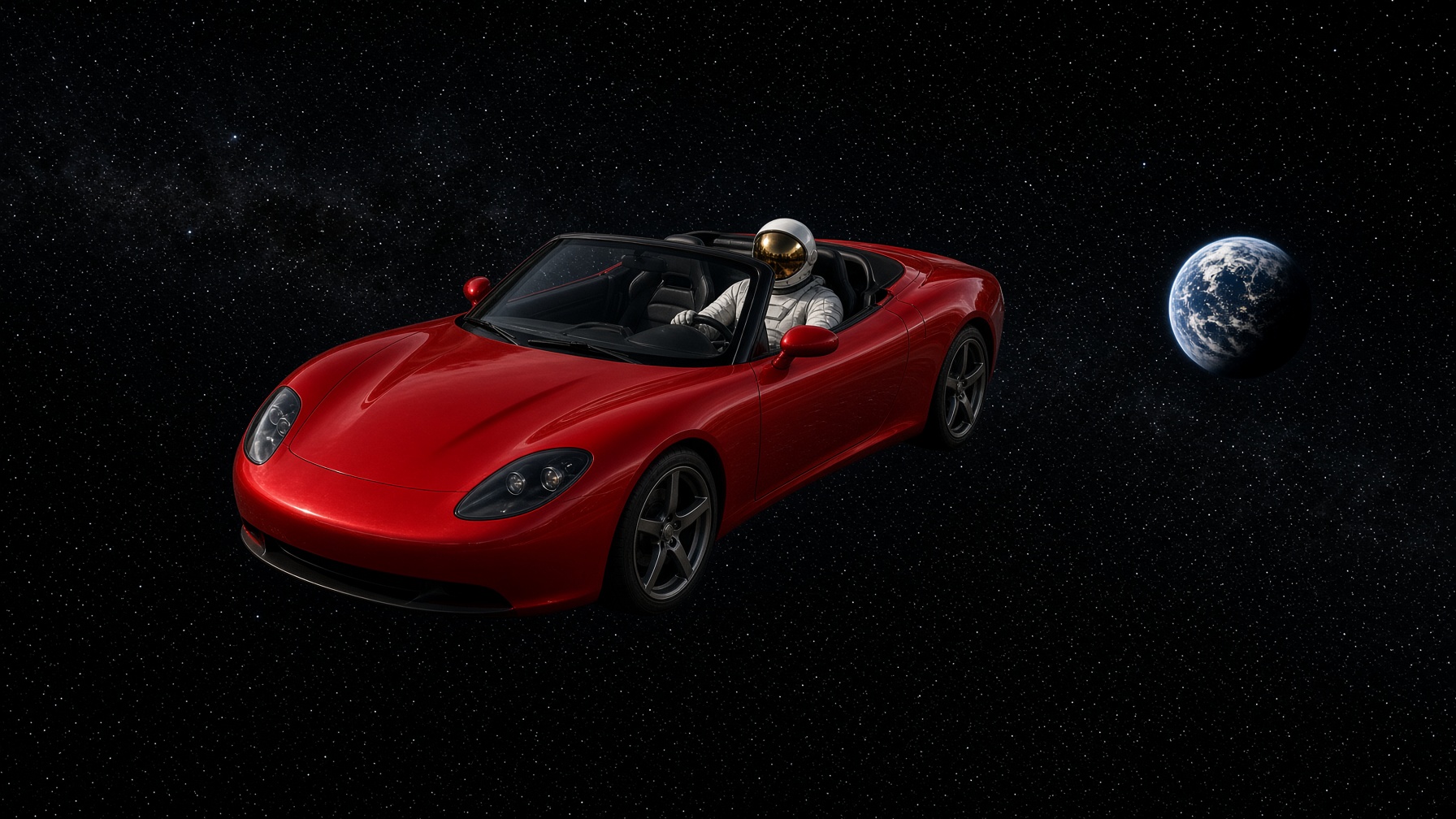 A red convertible sports car in deep space with a space-suited mannequin in the driver’s seat